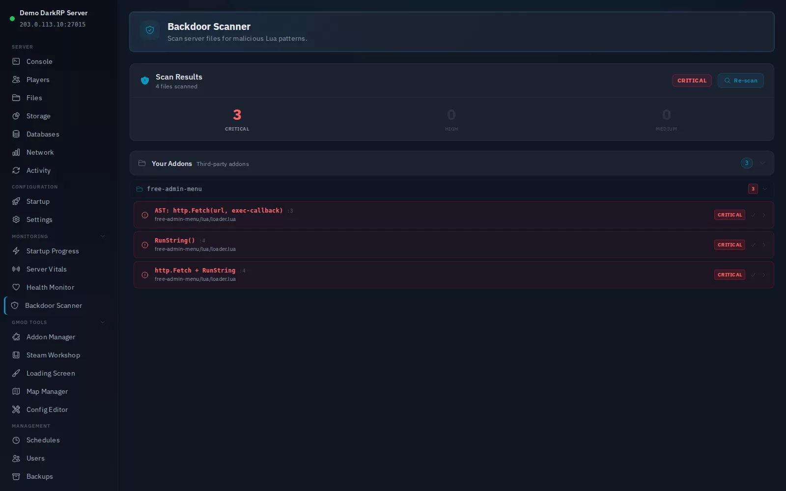 Backdoor Scanner results in the Zeros Host panel, flagging three critical patterns in a free admin menu addon