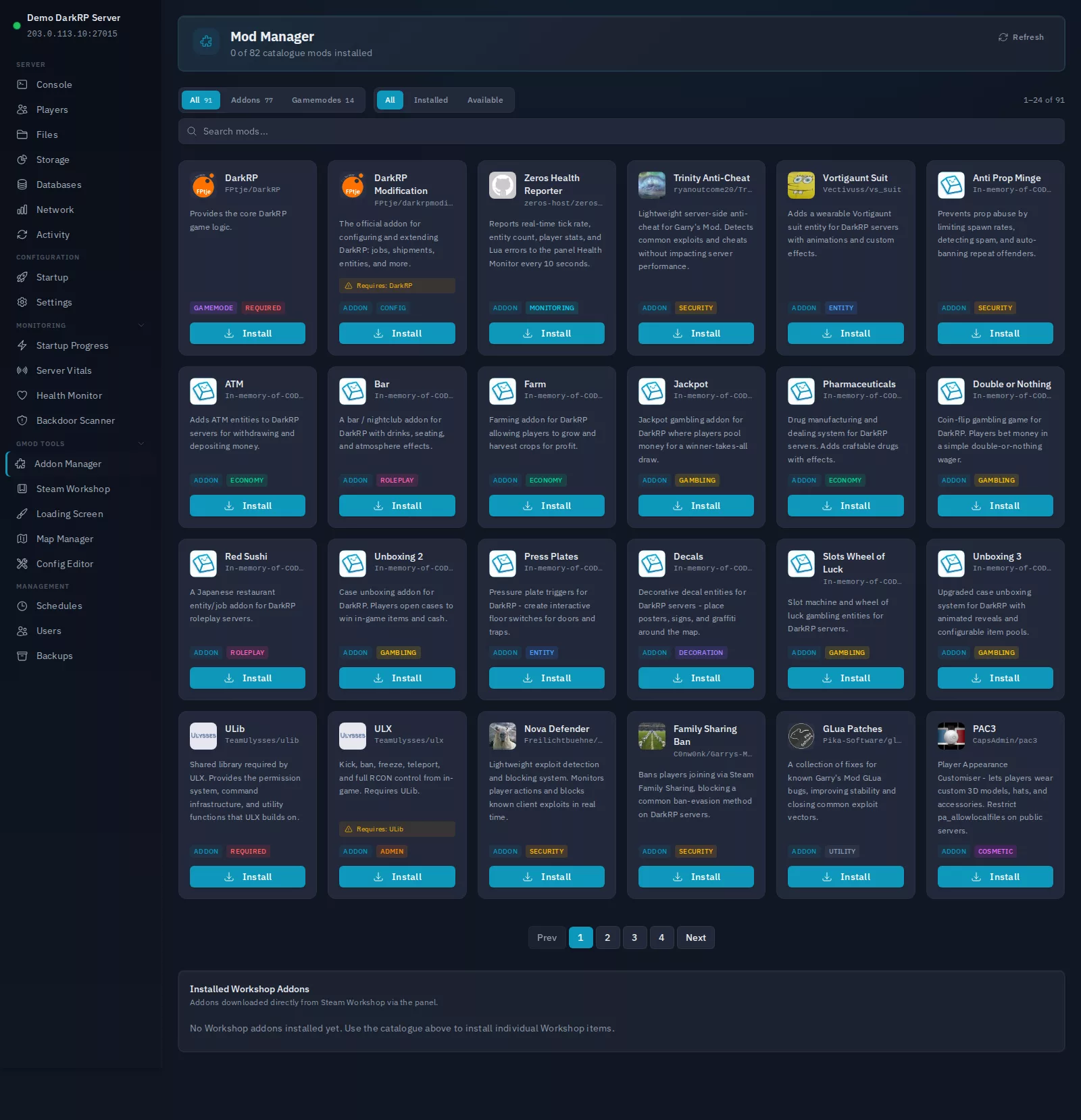 Zeros Host Mod Manager showing the DarkRP addon catalogue with one-click install